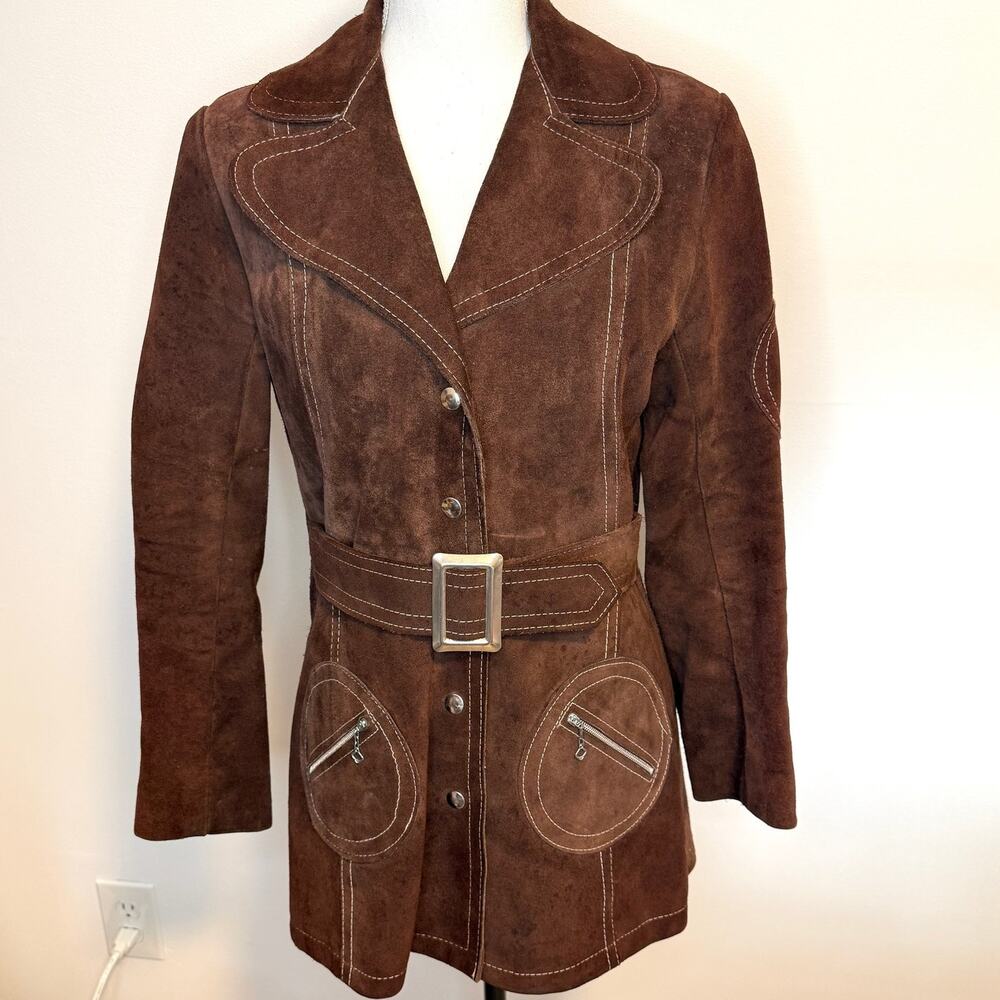 Vintage Brown Suede Belted 70s Jacket Mod Topstitched Round Pockets Size Small